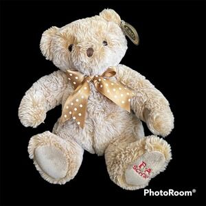 FAO SCHWARZ 9" Tan Stuffed Bear Plushie Polka Dot Bow Soft Animal Kids Gift NWT